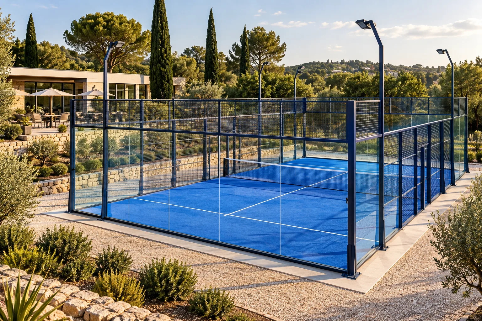 Illustration d'une piste de padel extérieure entourée de vitrages et de grillages